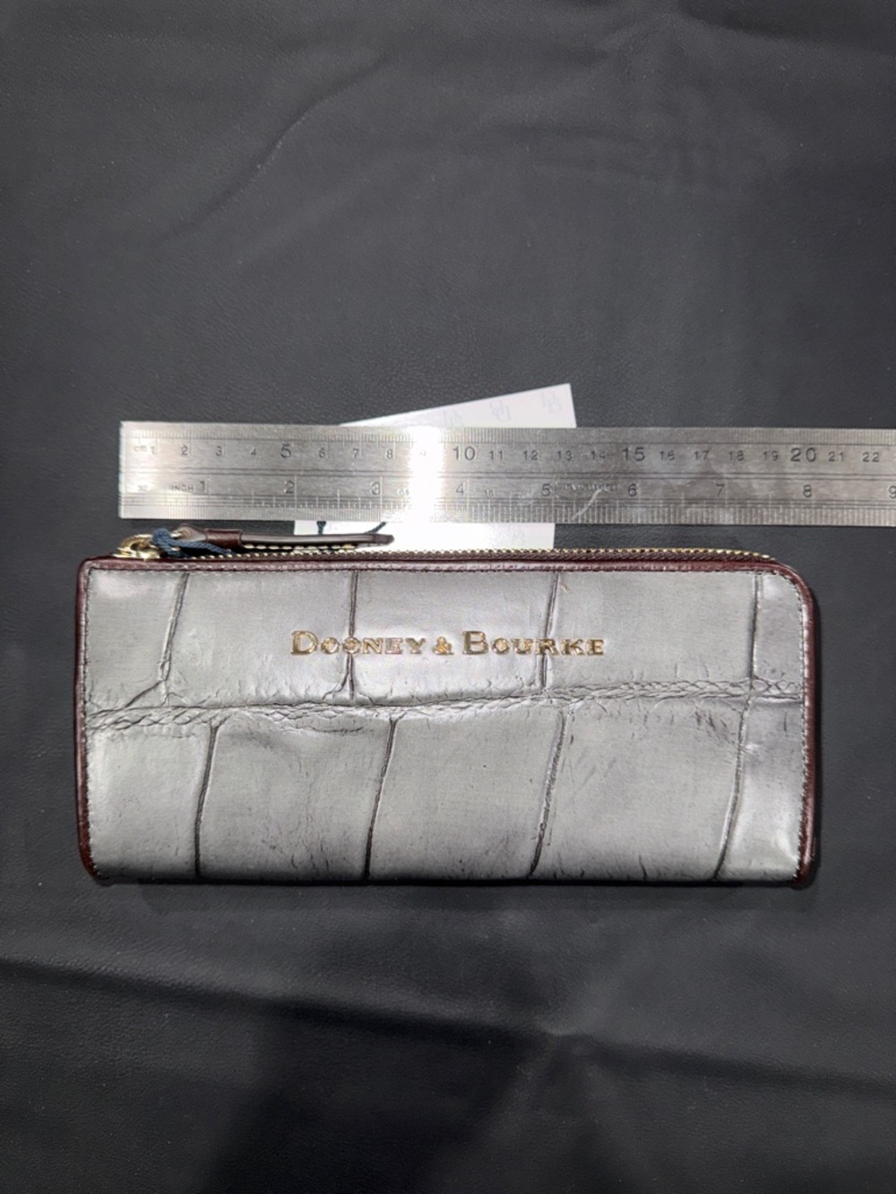 Dooney & Bourke Gray Croc-Embossed Half Zip Wallet with Brown Trim
